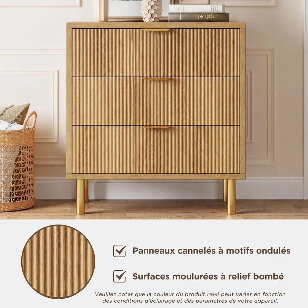 Cassettiera da camera da letto con 3 cassetti in MDF; pannelli scanalati; legno