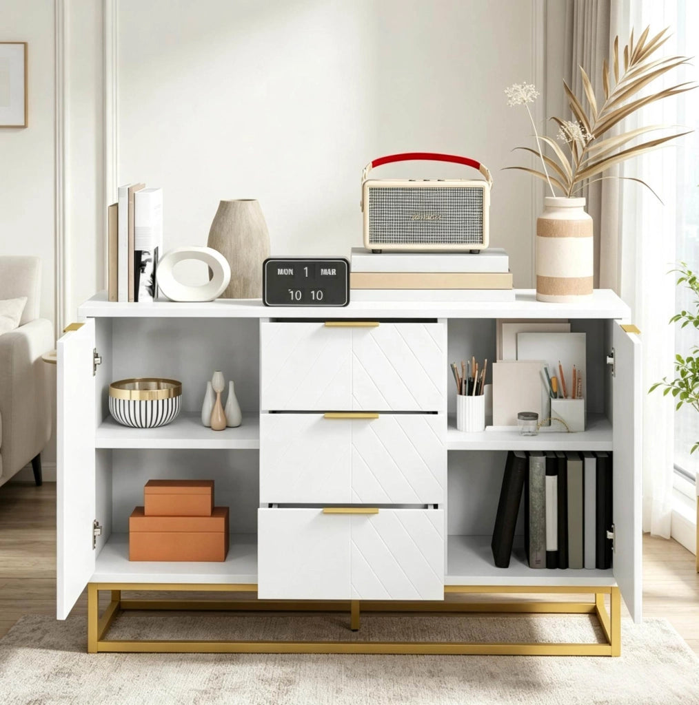Credenza bianca e dorata con 2 vani e 3 cassetti