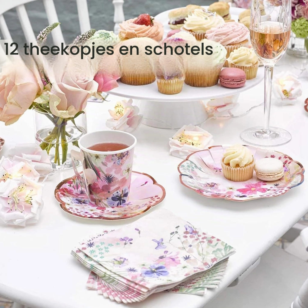 Tazzine e sottopiatti in carta a tema "Tea Party", set da 12 pezzi, motivo floreale