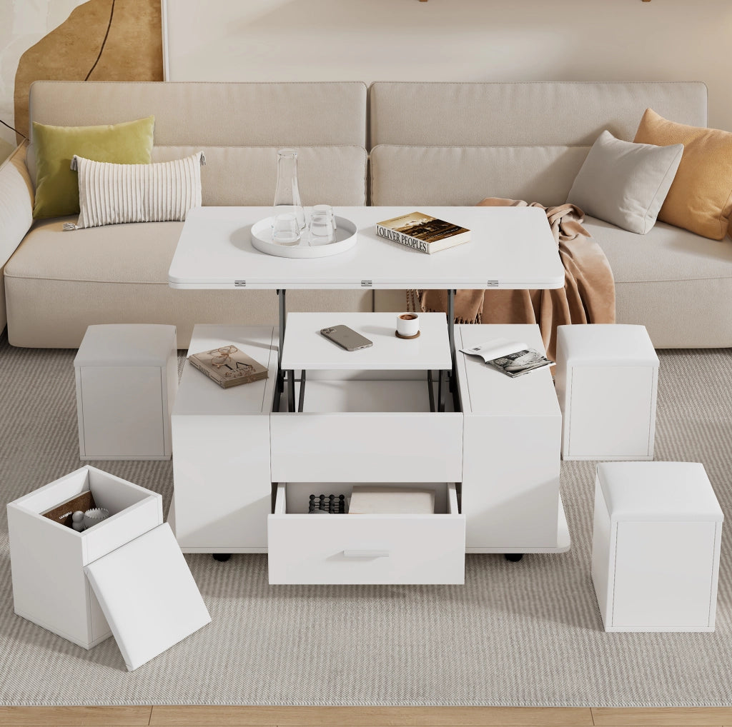 Tavolino elevabile 100 x 50 x 45 cm bianco con 4 sgabelli