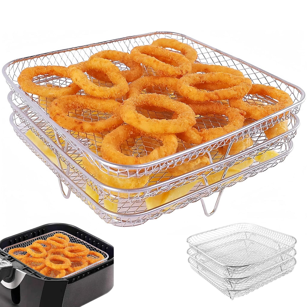 Griglia per friggitrice ad aria, a 3 livelli, dimensioni 20,8x20,8x9,5 cm, in acciaio inossidabile