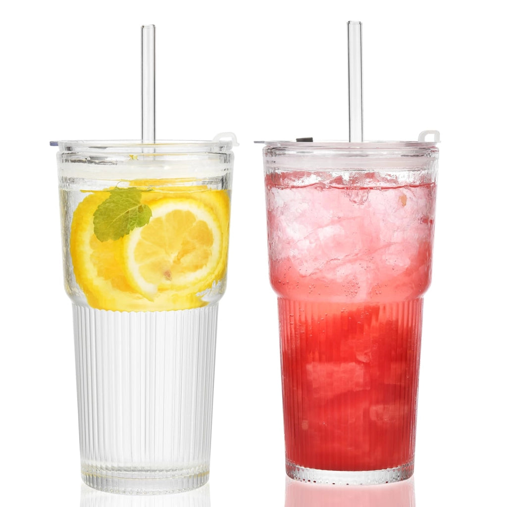 Set di 2 bicchieri da bevanda da 600 ml con coperchio e cannucce in vetro