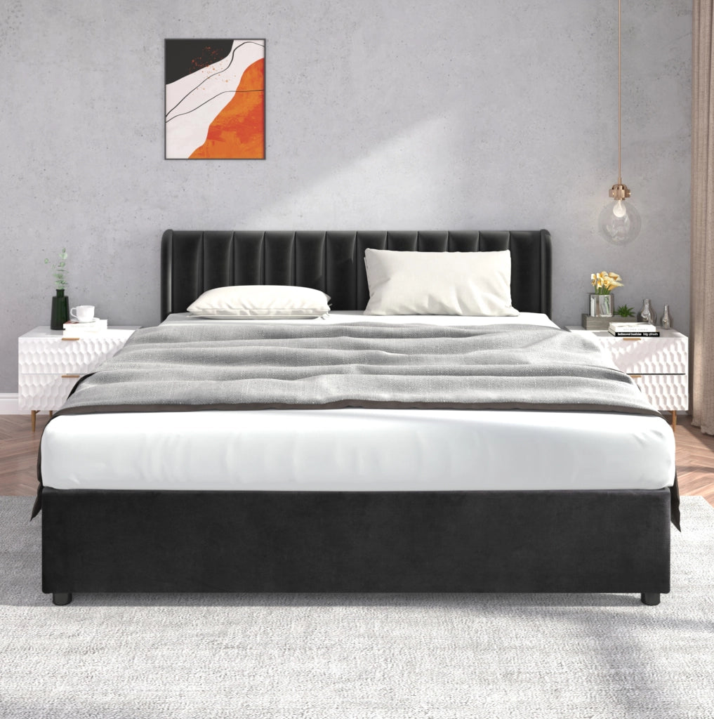 Letto imbottito 180x200 cm in velluto nero con rete a doghe e 2 cassetti