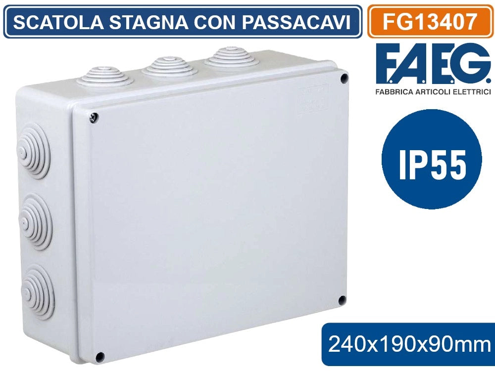 SCATOLA STAGNA DI DERIVAZIONE RETTANGOLARE CON COPERCHIO CON VITI IN METALLO 240X190X90MM CON 12 PASSACAVI IP55 FAEG- FG13407