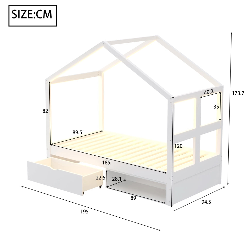 Letto singolo a casetta 90 × 190 cm con cassetti scarpiera LED multicolore in legno bianco con rete a doghe