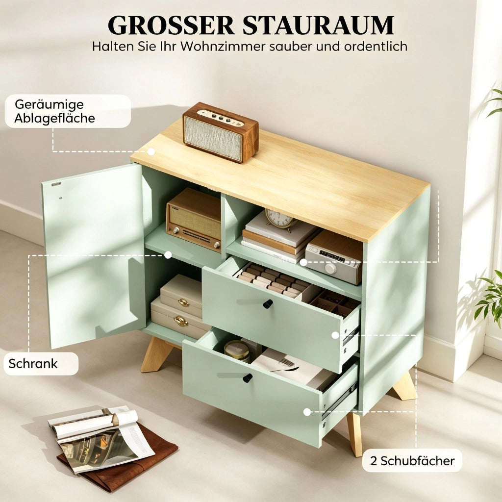 Credenza 80 × 35 × 76,3 cm con un'anta due cassetti vano aperto ripiano regolabile in MDF verde chiaro e rovere