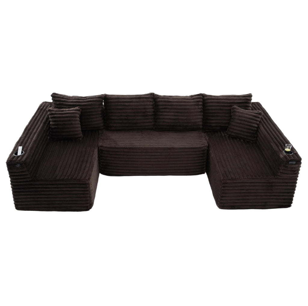 Divano modulare a U 320 x 155 x 88 cm velluto a coste marrone con portabicchieri