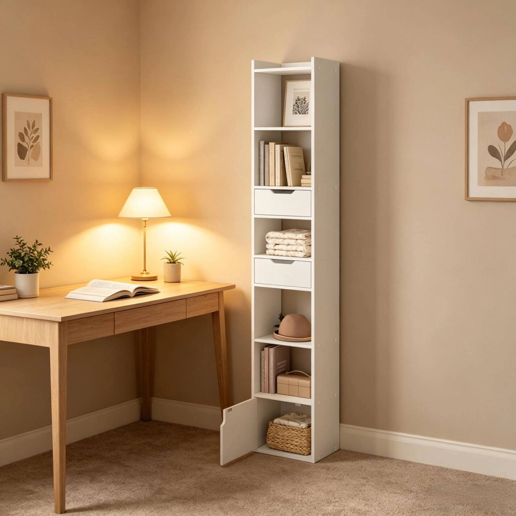 Libreria bianca 33 x 181 x 24 cm con 6 ripiani e 2 cassetti