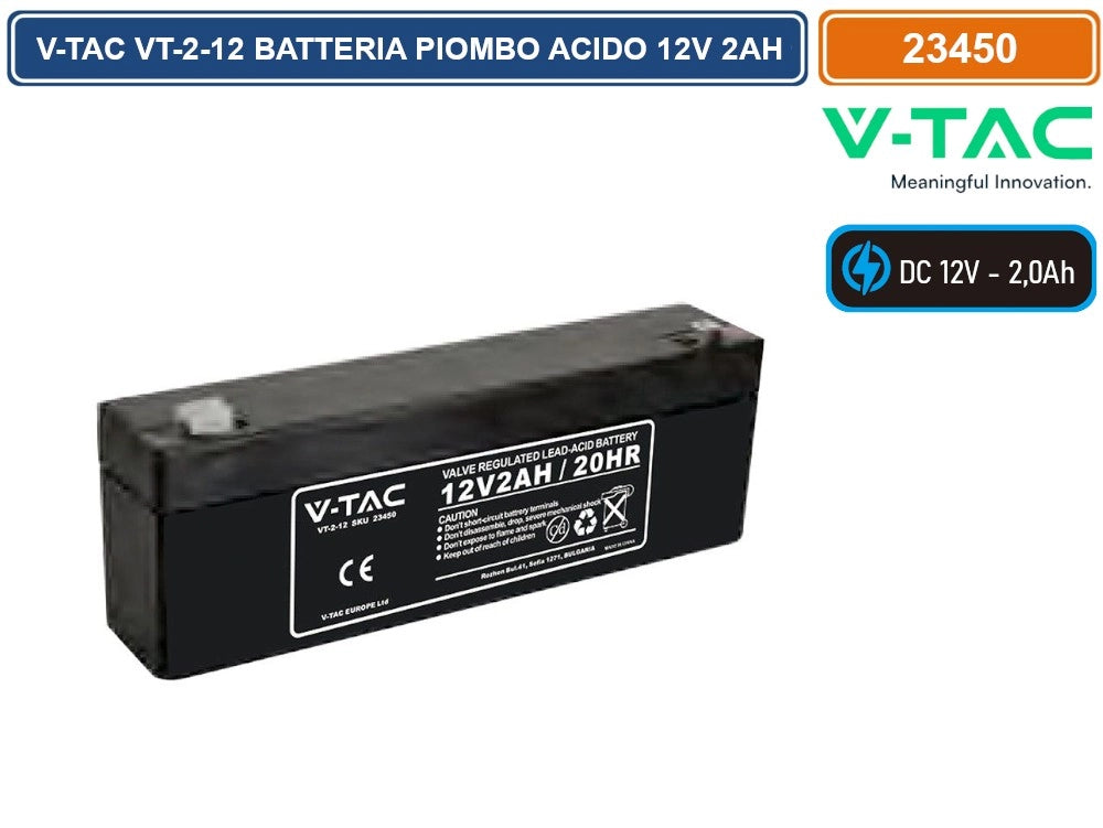 V-TAC VT-2-12 BATTERIA PIOMBO ACIDO 12V 2AH CON ATTACCHI T1 - SKU 23450