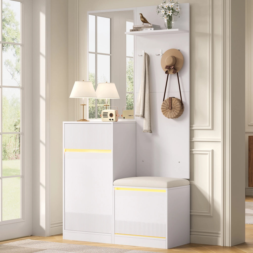 Guardaroba da ingresso compatto 105 x 38 x 190 cm bianco con specchio e LED