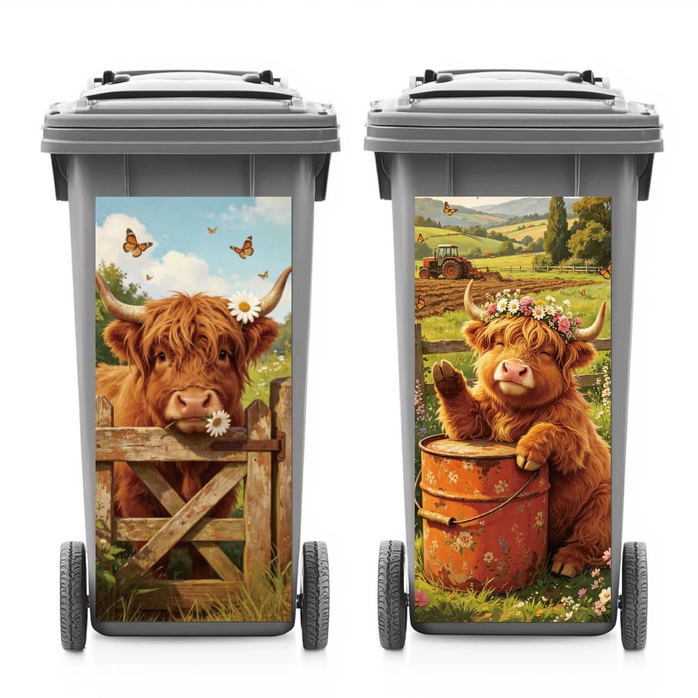 Adesivi per bidoni della spazzatura a tema Highland Cattle, dimensioni 38x82 cm, confezione da 2 pezzi, in PVC, resistenti agli agenti atmosferici