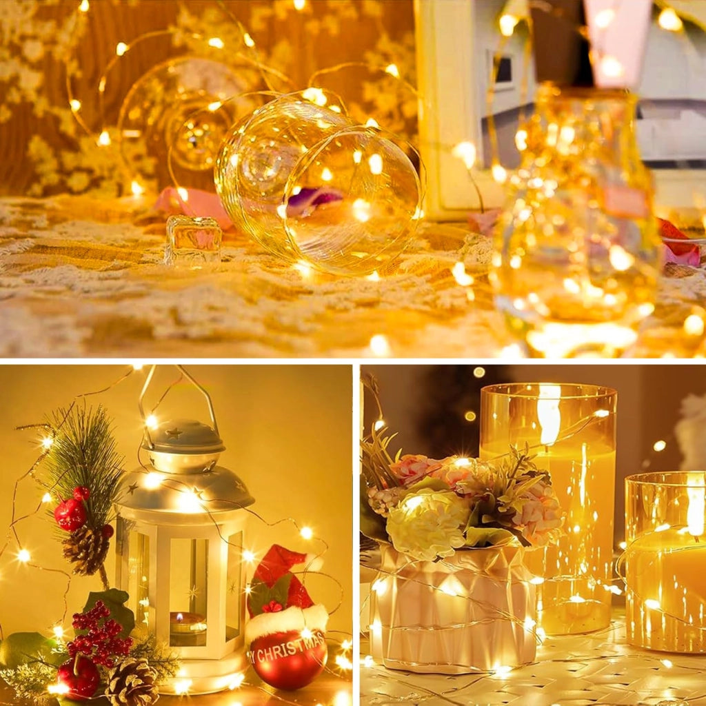 Catena luminosa a LED, 5 metri, 50 LED bianco caldo, set da 4, con timer