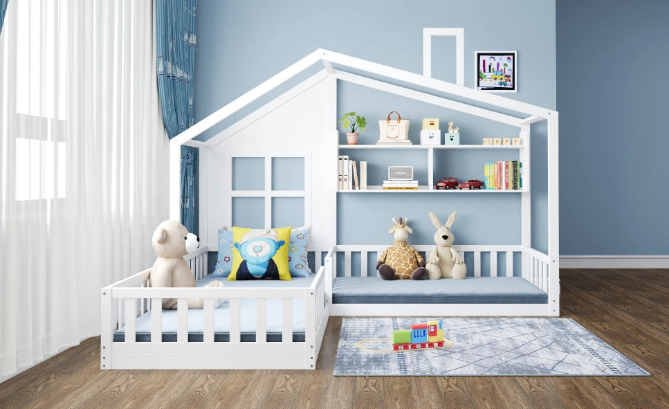 Letto per bambini a casetta 90x200 cm con ripiani e sponde; in MDF; bianco
