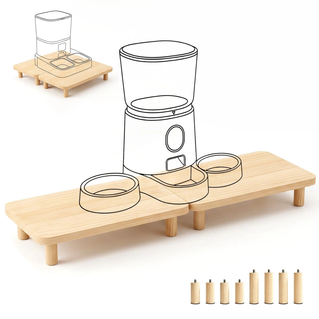 Alzatina per ciotole da cibo per gatti, dimensioni 34x19,5x6 cm, realizzata in legno massello, confezione da 2 pezzi