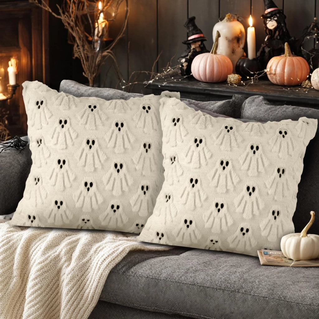 Set di 2 federe per cuscini a tema Halloween, in peluche, 40x40 cm, motivo fantasmi, colore bianco