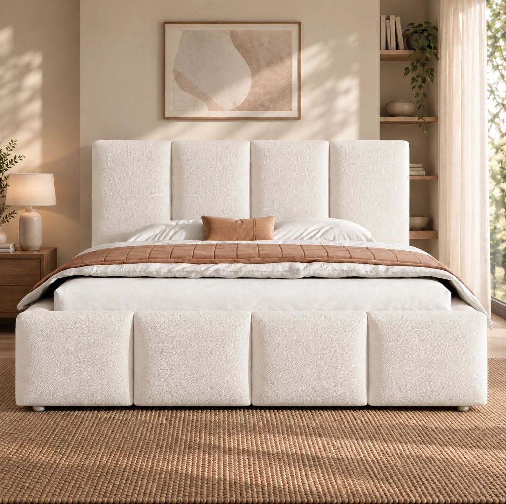 Letto matrimoniale 160 x 200 cm in bouclé bianco con contenitore e rete a doghe