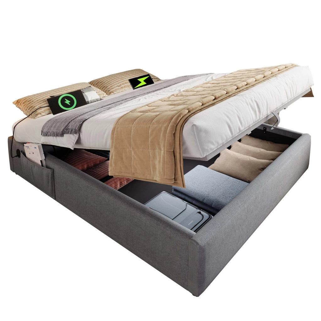 Letto imbottito matrimoniale 140x200 cm grigio con struttura in metallo, legno massello e rivestimento in cotone, con ricarica USB-C integrata, senza testiera