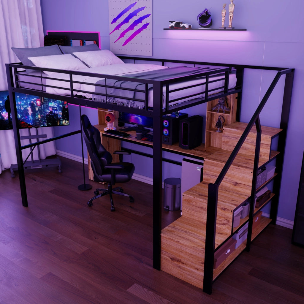 Letto a soppalco 140 × 200 cm con scrivania ripiani armadio scala contenitore metallo e MDF nero con porta USB