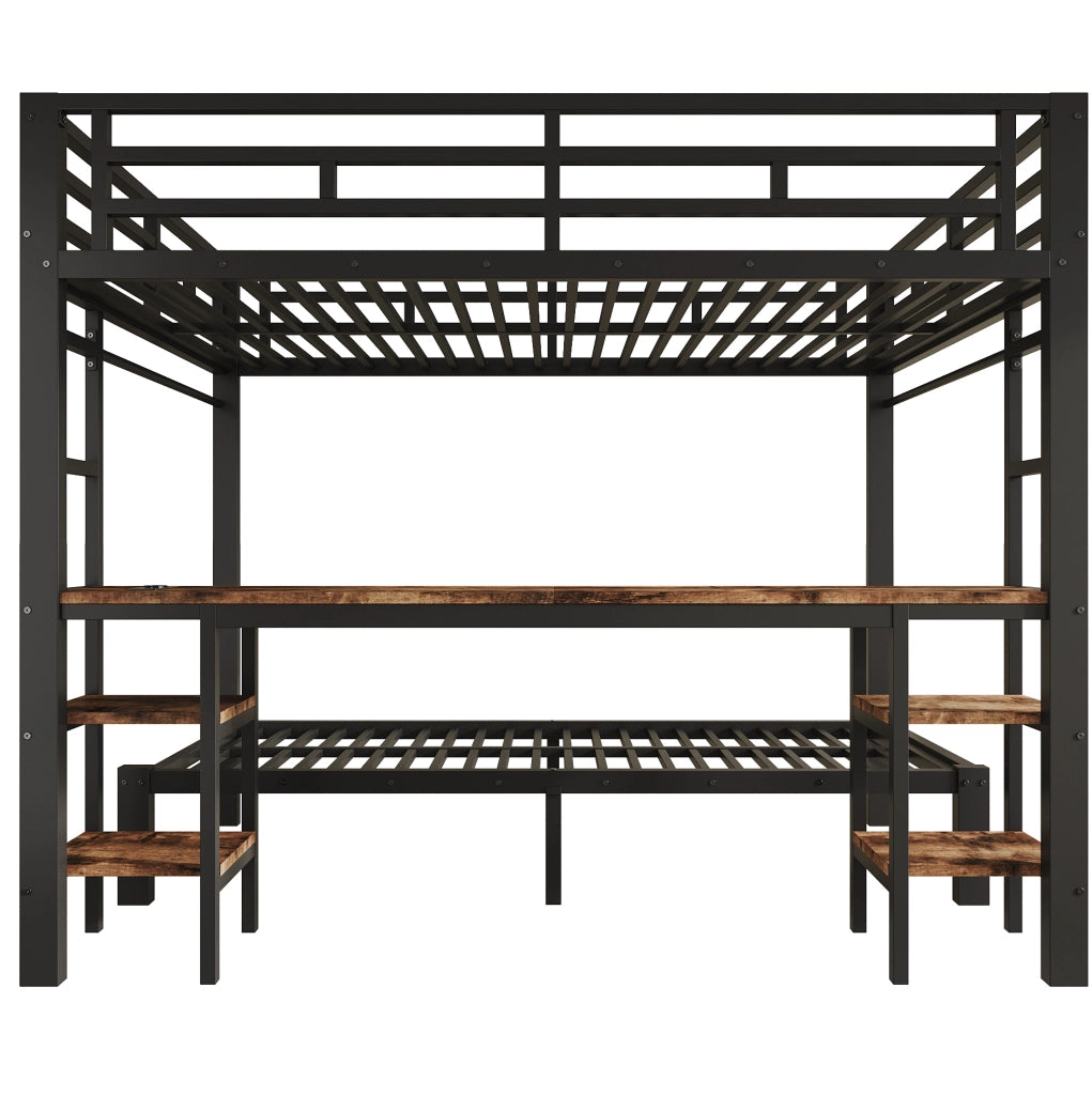 Letto a castello in metallo nero 140x200 cm + 90x200 cm con scrivania integrata, appendiabiti e doppia scala