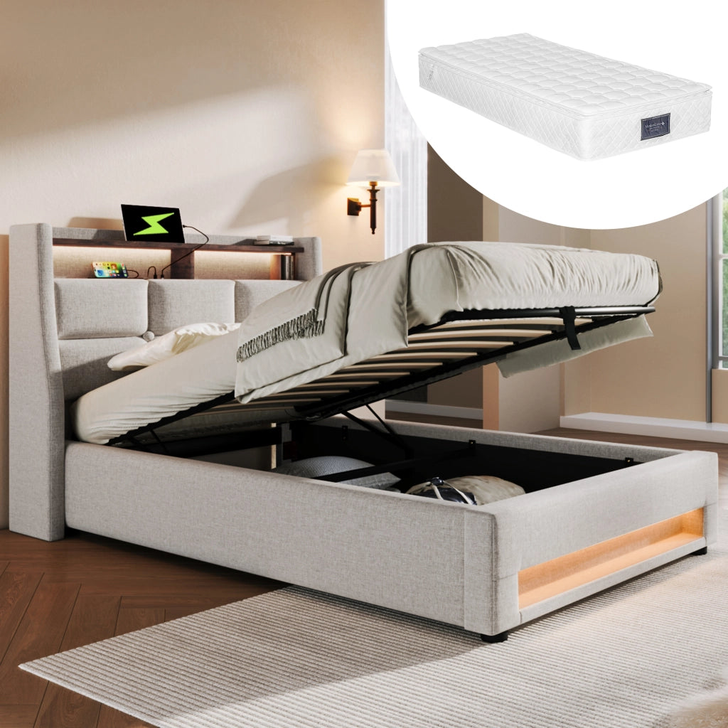 Letto imbottito singolo 90x200 cm beige con illuminazione LED