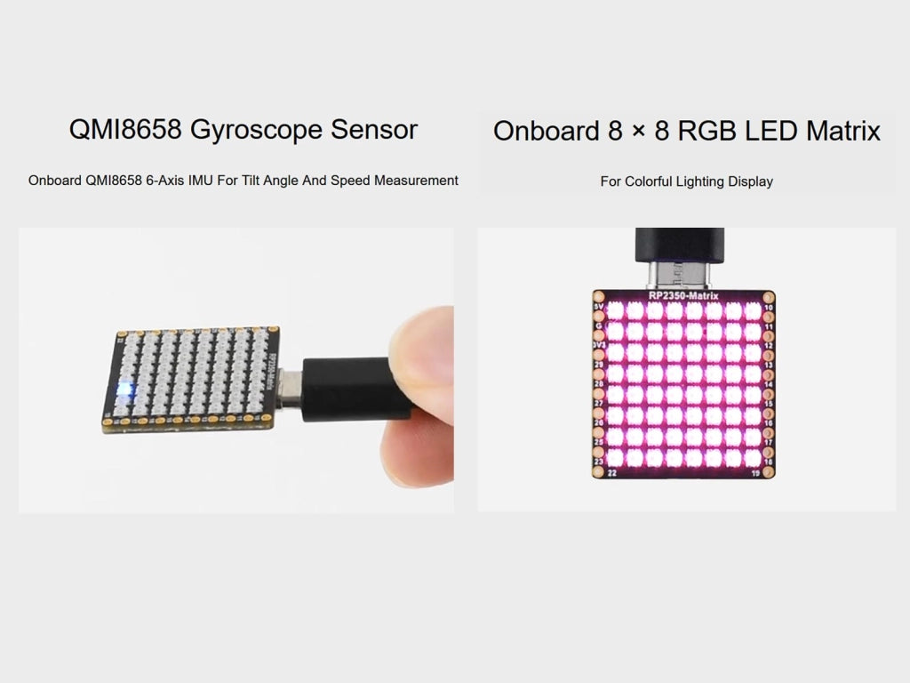 Scheda di sviluppo RP2350 con matrice LED RGB 8x8 e IMU a 6 assi