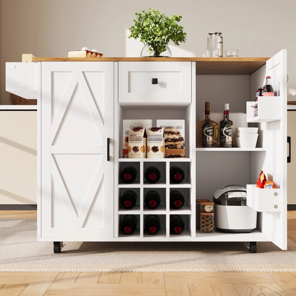 Isola da cucina con piano pieghevole ruote e armadio a due ante in MDF bianco con cassetto e ripiani regolabili