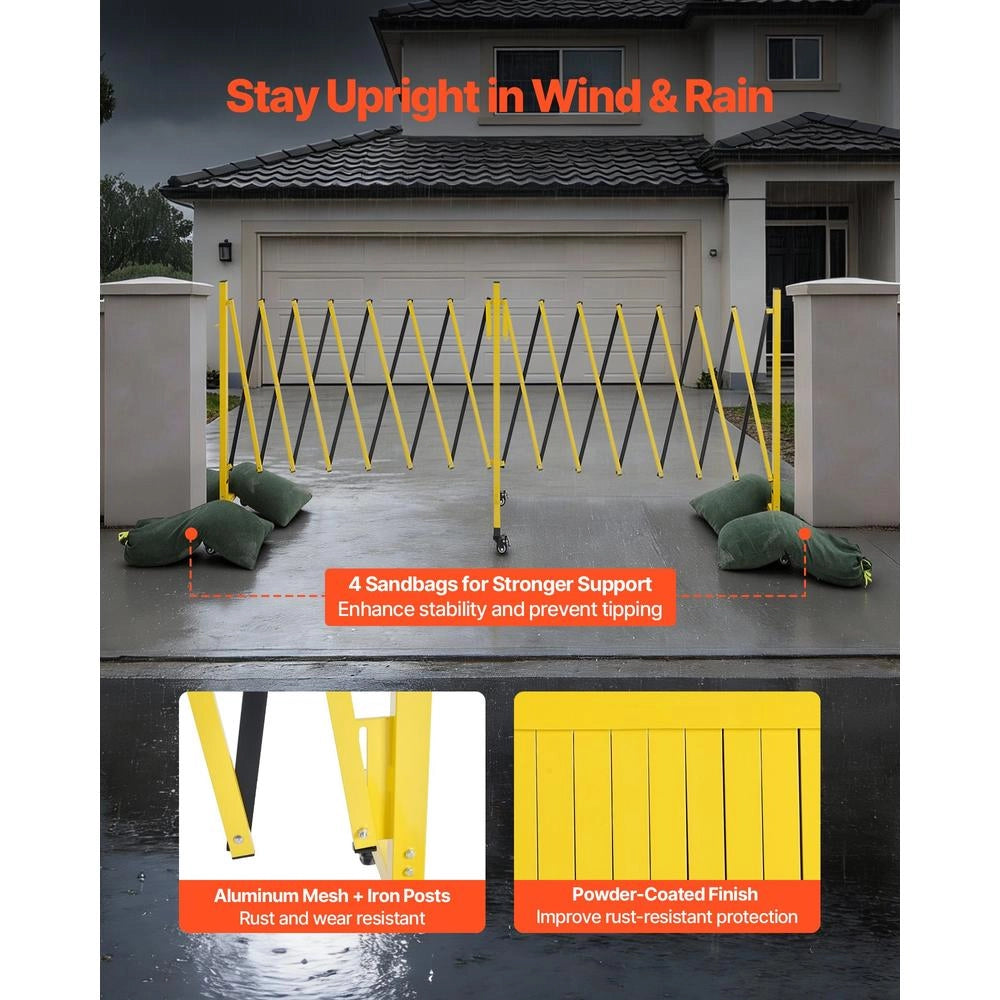 Barriera di sicurezza espandibile portatile in ferro e alluminio 7,66 m con ruote bloccabili per giardino e vialetto XSJ-S-0007 giallo e nero