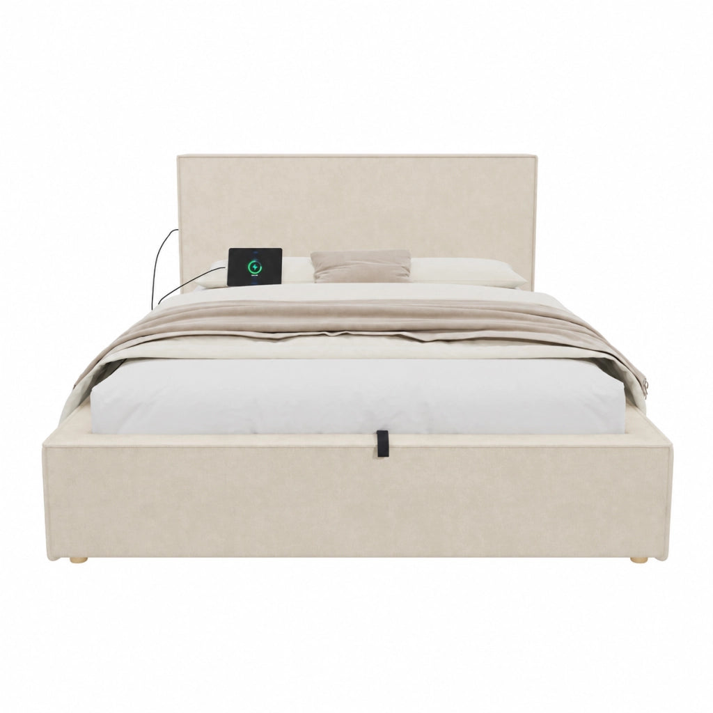 Letto imbottito 120x200 con contenitore idraulico; testiera imbottita; ciniglia beige