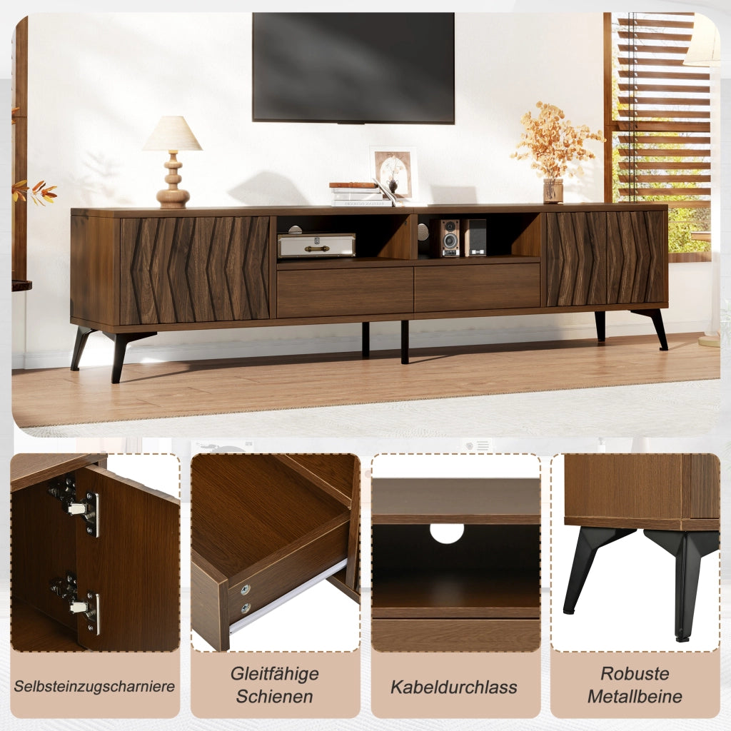 Mobile TV 180 × 35 × 45 cm con 2 ante 2 cassetti e vani aperti in truciolare color noce con gambe regolabili