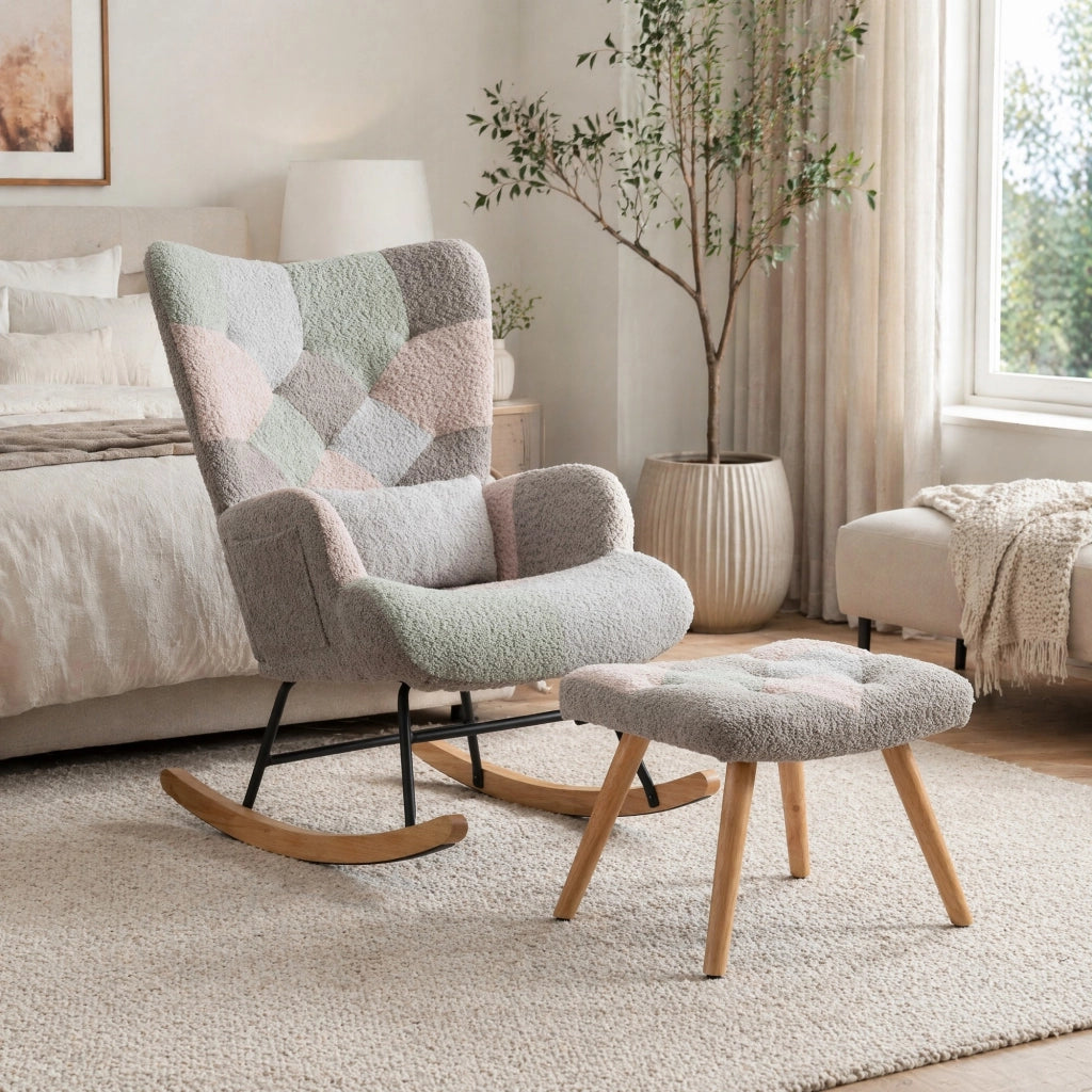 Sedia a dondolo 93 cm con poggiapiedi e cuscino lombare; velluto multicolore