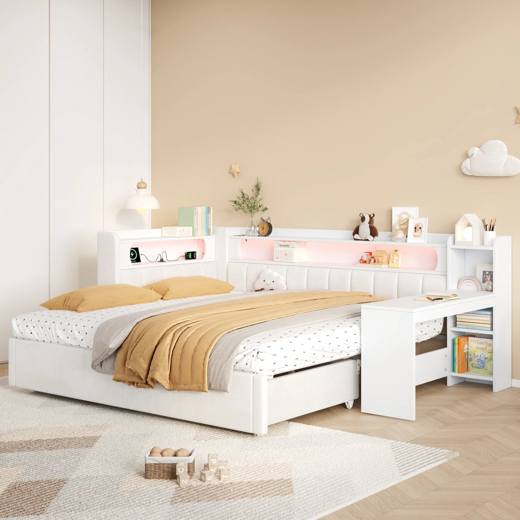 Letto singolo imbottito estraibile con scrivania USB e illuminazione LED in MDF compensato e lino bianco