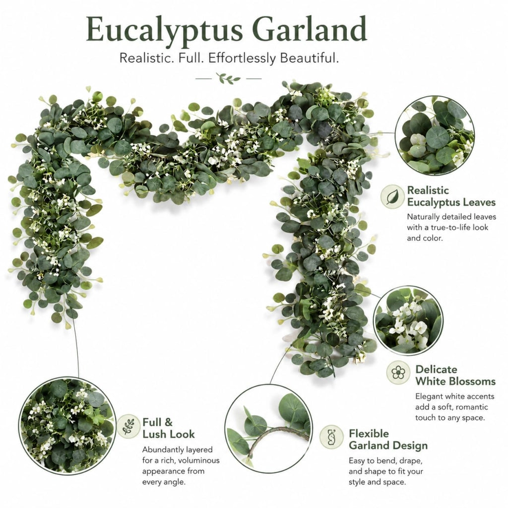 Ghirlanda di eucalipto artificiale, lunghezza 1,8 metri, ideale per decorazioni, matrimoni e progetti fai-da-te