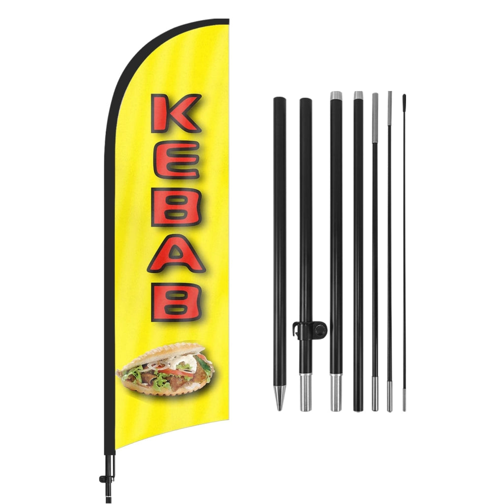 Bandiera pubblicitaria per kebab, 2,4 metri, in poliestere, colore giallo, con kit per l'asta