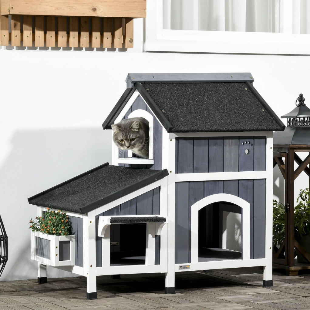 Casetta per gatti 96 x 65 x 85,5 cm in legno grigio, 2 livelli da esterno