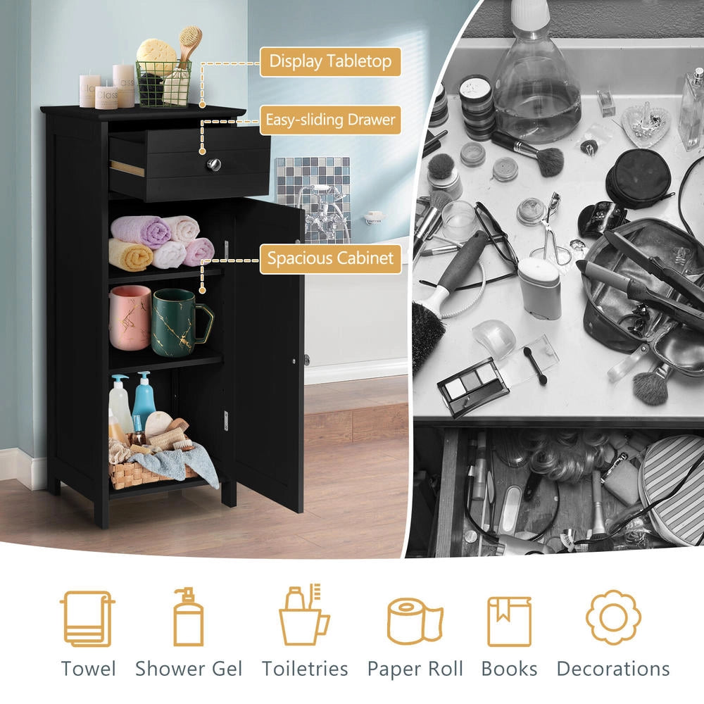 Mobiletto da terra in MDF nero con cassetto e anta ripiani regolabili armadietto moderno salvaspazio robusto per bagno e casa