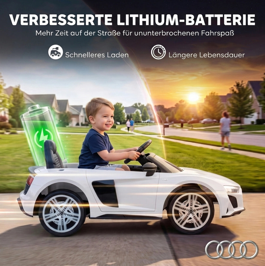 Auto elettrica Audi R8 Spyder per bambini bianca con telecomando e batteria al litio