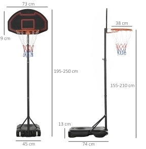 Canestro da basket con supporto in acciaio nero regolabile 195-250 cm con ruote