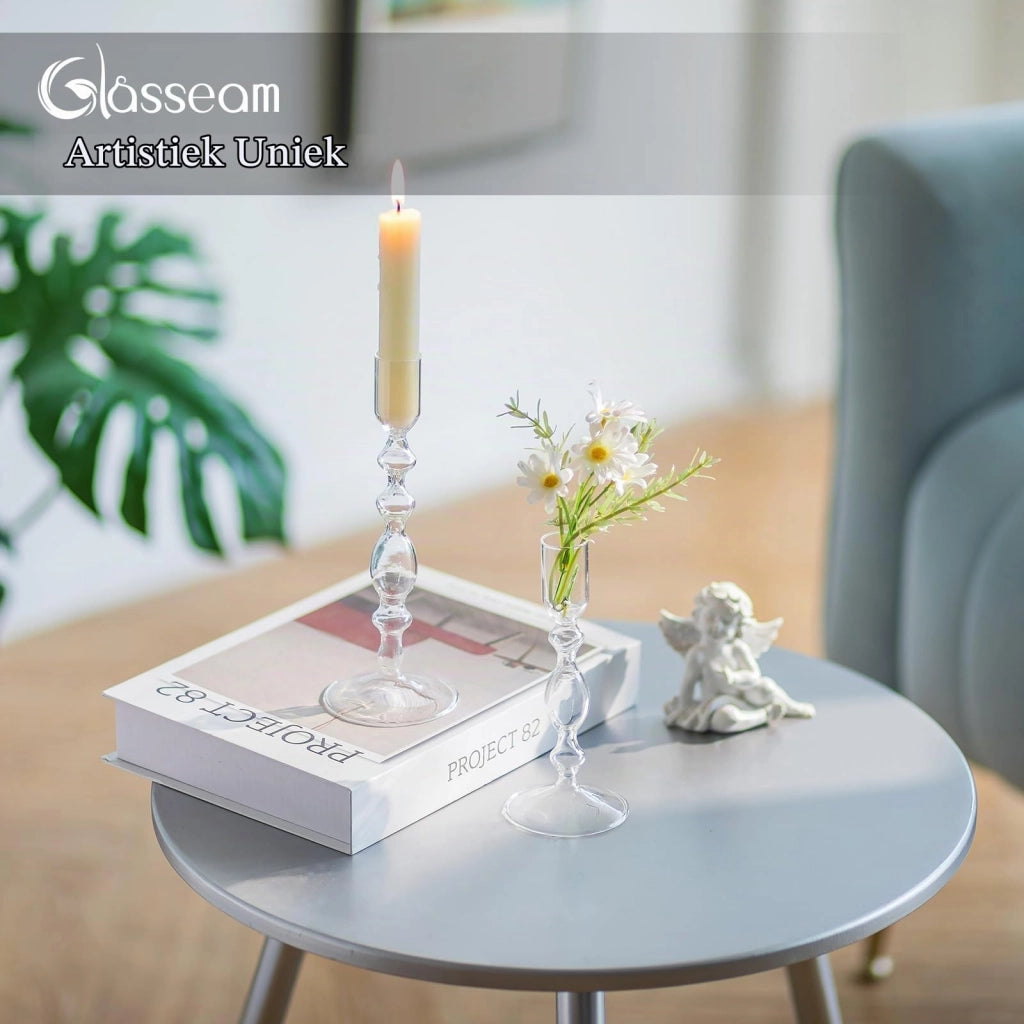 Set di portacandele in vetro, confezione da 2, dimensioni 16 e 20 cm, design moderno