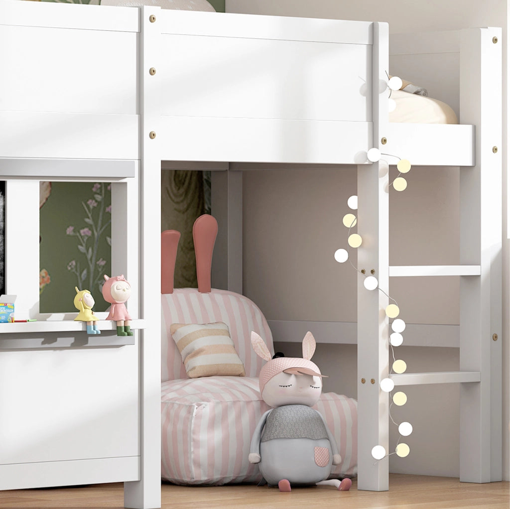 LETTO a castello a casetta per bambini 90x200 cm in pino bianco con lavagne