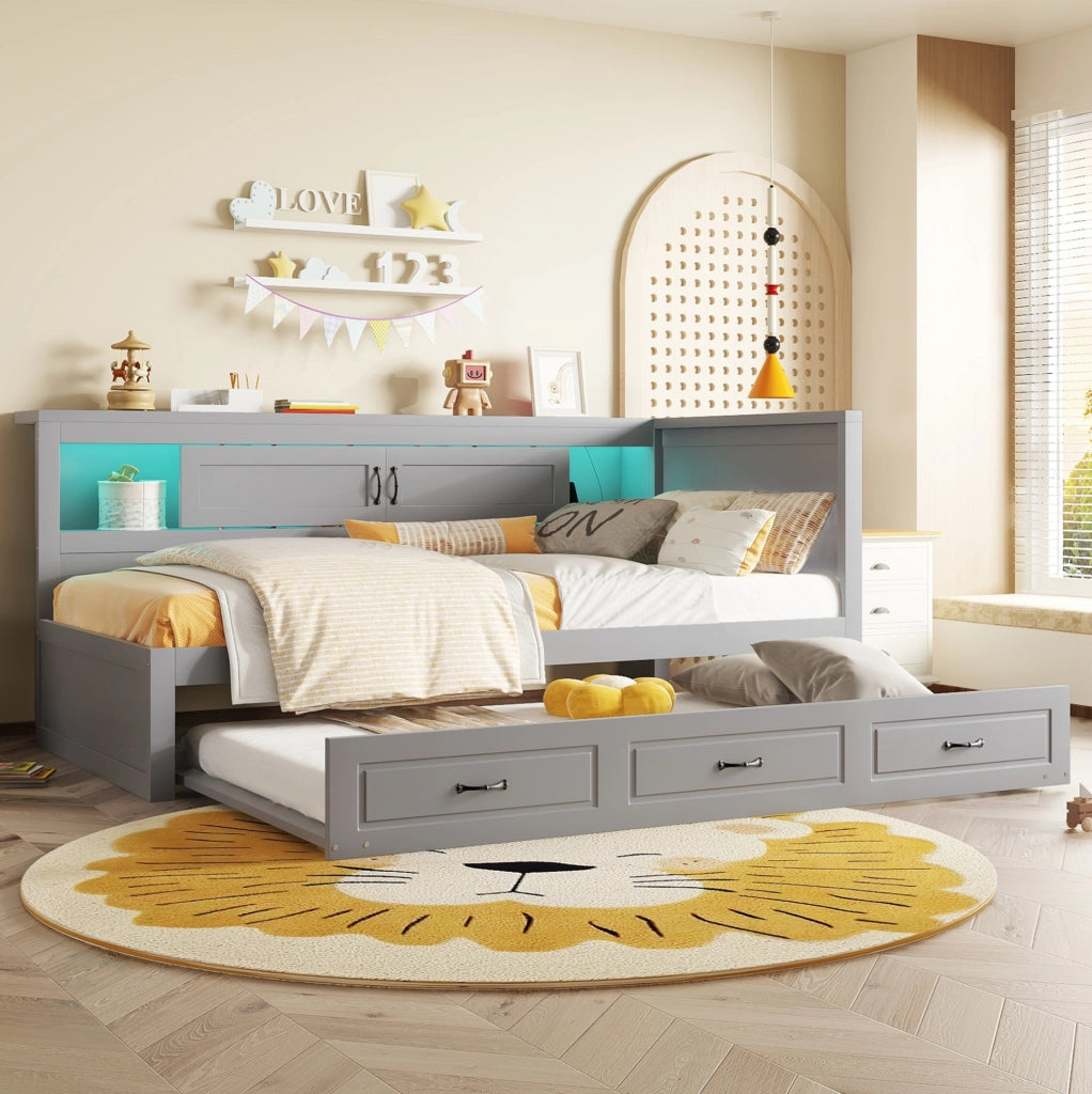 Divano letto 204,5x117,4x91,5 cm con letto estraibile, contenitore, LED e USB in truciolato grigio