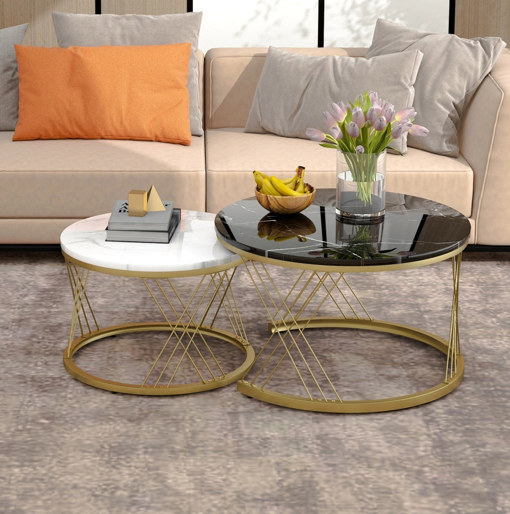 Tavolini da caffè rotondi impilabili 70x70x45 cm MDF nero e bianco, struttura dorata