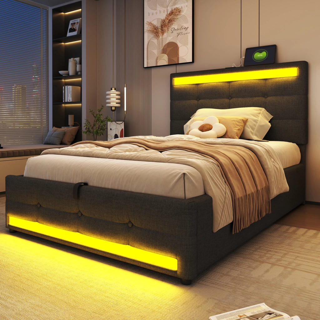 Letto con cassetti 140 ¡Á 200 cm con quattro cassetti LED e 2 porte USB imbottito grigio
