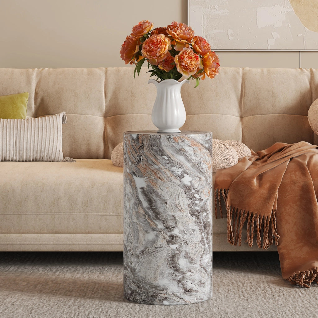 Tavolino da salotto rotondo in MDF effetto marmo grigio; tavolino d'appoggio 30x55 cm