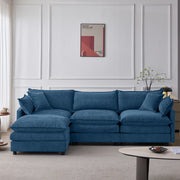 Divano angolare modulare a 3 posti con pouf mobile in ciniglia blu struttura in legno e cuscini sfoderabili