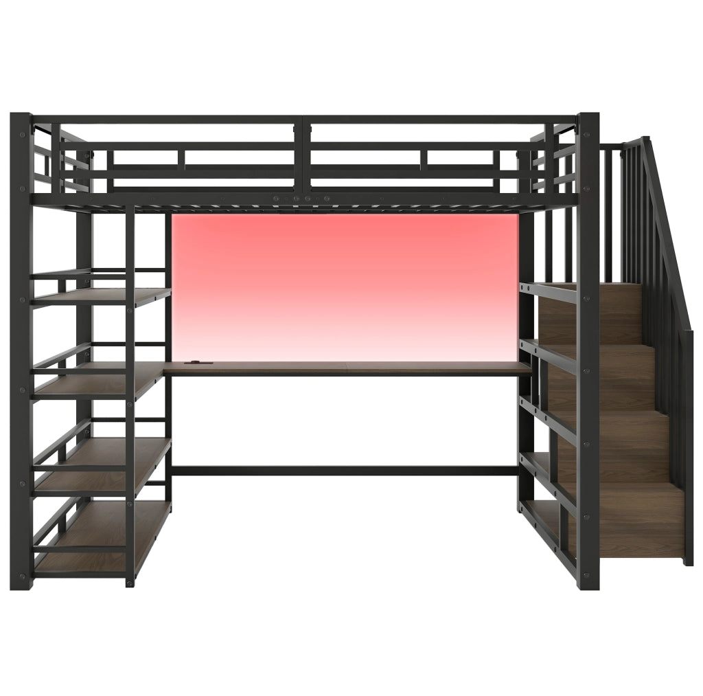 Letto a soppalco in metallo 140x200 cm con scrivania integrata, scala contenitore, luce LED e porta USB, nero