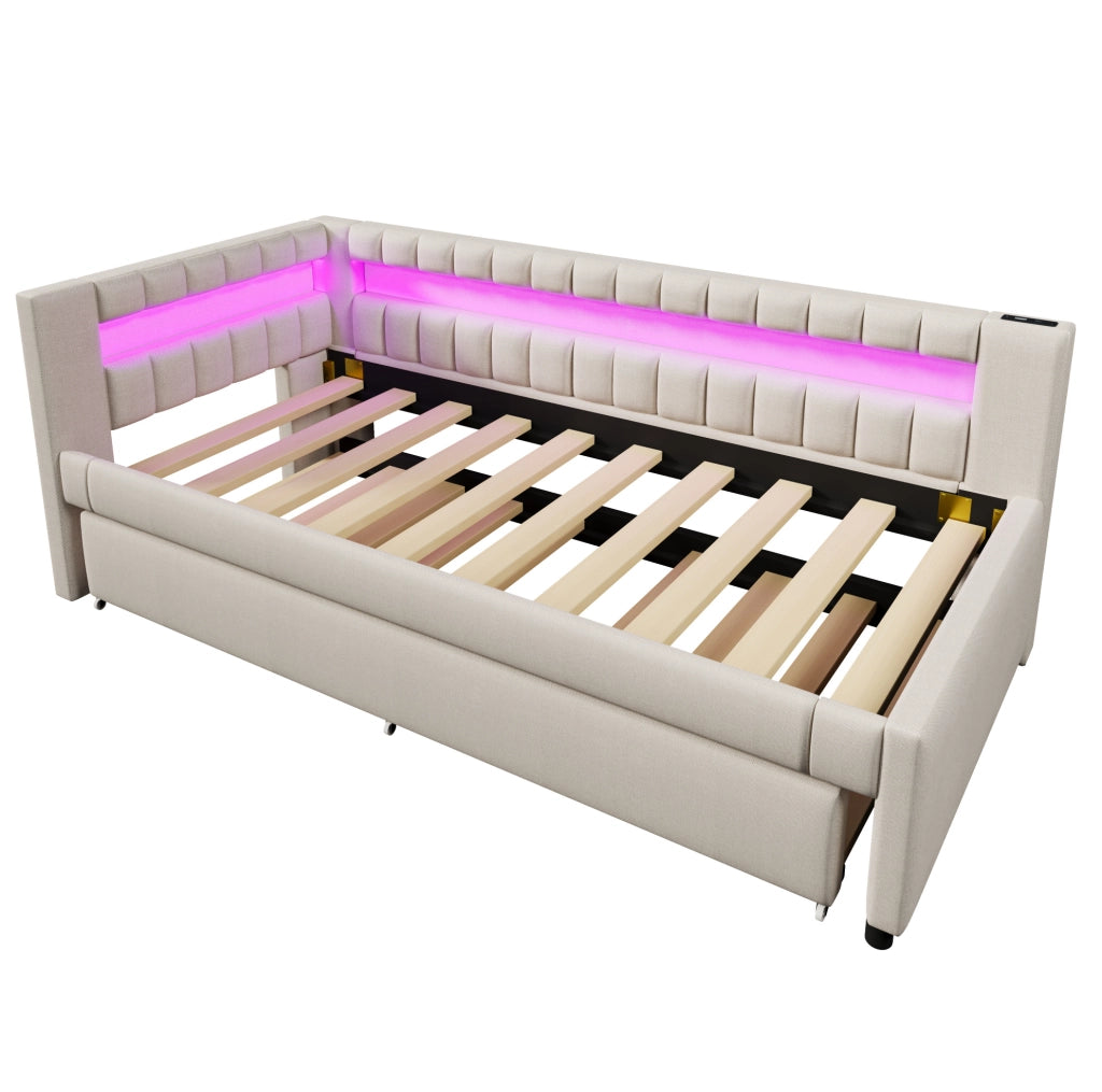 Daybed estraibile con illuminazione LED, 90x200 cm, in lino beige con porte USB e TYPE-C