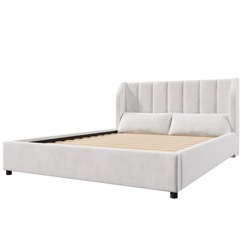 Letto a piattaforma imbottito 140x200 cm in velluto francese beige con rete a doghe