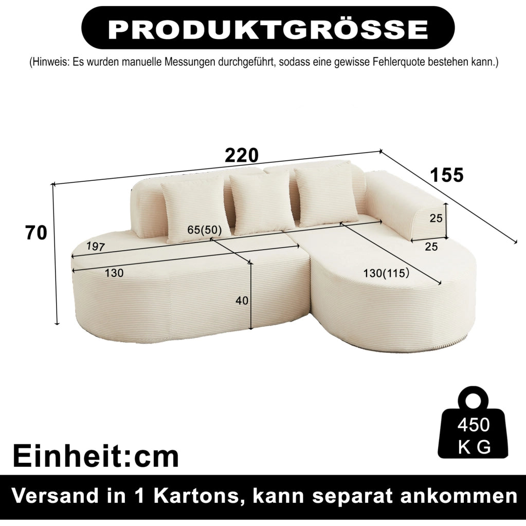 Divano modulare a L beige in velluto a coste con forme curve
