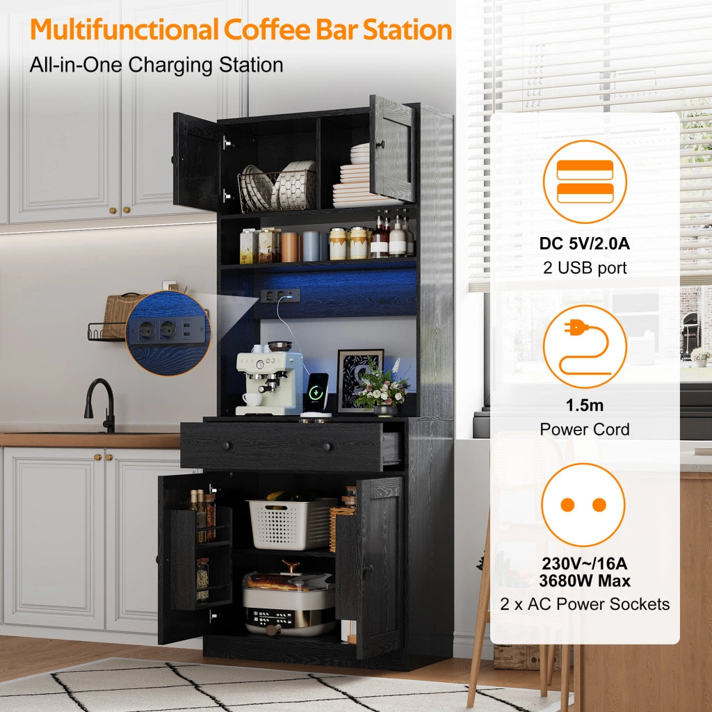 Mobile da cucina 72 × 40 × 180 cm con LED RGB prese AC e USB cassetto grande ripiani MDF nero fissaggio a parete