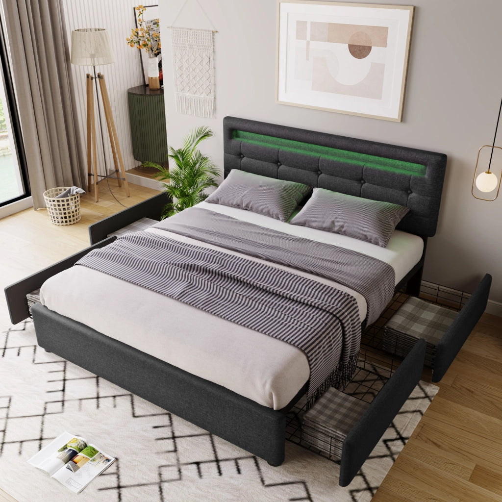 Letto matrimoniale 140 × 200 cm con LED e 4 cassetti in lino grigio testiera regolabile rete a doghe